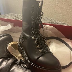 Valentin Rockstud Black Leather Combat Boots